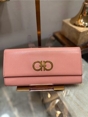 Salvatore Ferragamo Pink Leather Wallet with Gold Gancini Logo